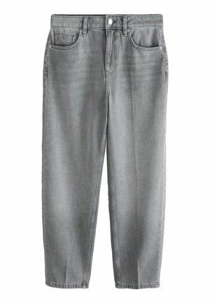 Šedé denimové džínsy s rovnými nohavicami, stredným pásom, predným gombíkom, zipsovým zapínaním a dizajnom s piatimi vreckami.