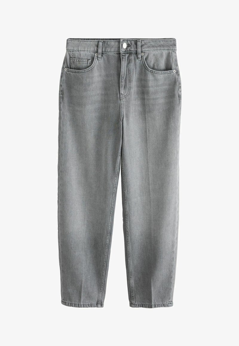 Jean en denim gris de hauteur moyenne avec jambes droites, fermeture à boutons et zip à l'avant, conçu avec cinq poches.