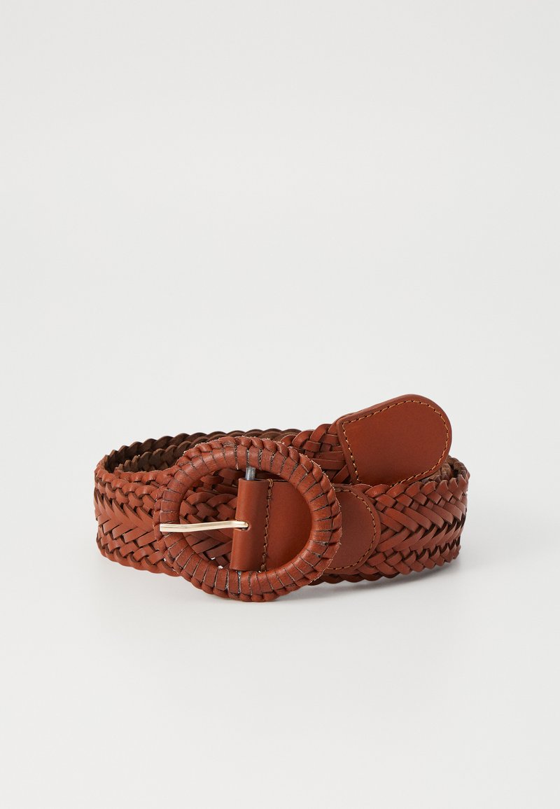 Woven brown leather belt with a circular buckle, featuring a smooth finish and a textured braid pattern. Adjustable with leather accents.