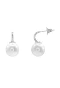 Boucles d'oreilles en perles blanches avec un design de crochet en argent, présentant une forme sphérique lisse et une finition polie. Éclat subtil, style minimaliste.