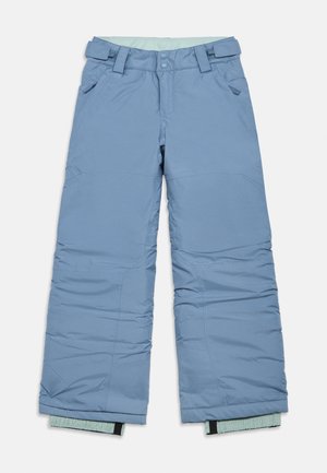 Blue insulated snow pants with a smooth exterior, adjustable waistband, side pockets, and elastic cuffs. Inner lining is light mint.