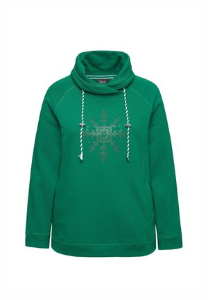 Zielona bluza z kapturem, zdobiona wzorem płatka śniegu z kryształków i wykończona białymi sznurkami. Miękka tekstura materiału.