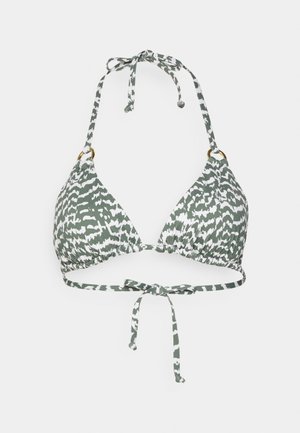 Grüner und weiß gemusterter Bikini-Oberteil mit dreieckiger Form, verstellbaren Bändern und goldenen Designelementen an den Schulterträgern.