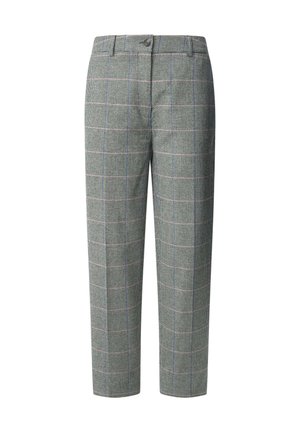 Wollmischung Karohose in Grün mit blauen und roten Akzenten. Schmaler Schnitt, flacher Front und ein gepflegtes Manschetten-Design. Knopfverschluss an der Taille.