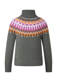 Šedý pletený rolák s žebrovanými manžetami a dolním lemem, s barevným vzorem Fair Isle v oranžové, fialové, bílé a tmavě šedé barvě na ramenou.