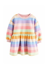 Mehrfarbig gestreiftes Kleid mit langen Ärmeln, gefertigt aus weichem Stoff. Es hat pastellfarbene horizontale Streifen und eine geraffte Taille.