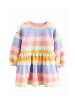 Multicolor gestreepte jurk met lange mouwen, gemaakt van zachte stof. Kenmerkt pastelkleuren in horizontale strepen en een verzamelde taille.