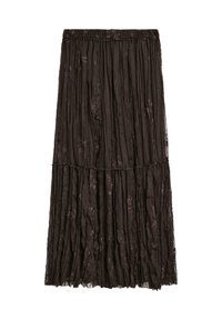 Long, brown, pleated skirt with a layered design. Made of lightweight fabric featuring subtle floral patterns and an elastic waistband.
