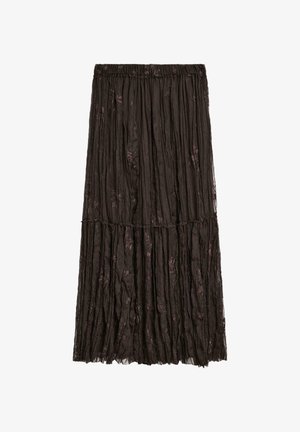 Gonna lunga, marrone, plissettata con un design a strati. Realizzata in tessuto leggero con sottili motivi floreali e una vita elastica.