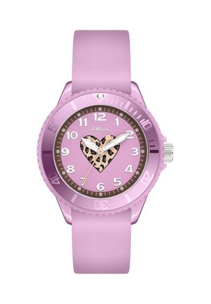 Lila Armbanduhr mit Silikonarmband, weißen Zahlen, einem Herz mit Leopardenmuster in der Mitte und silbernen Stunden-, Minuten- und Sekundenzeigern, die 2:09:36 anzeigen.
