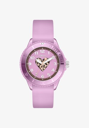 Lila Armbanduhr mit Silikonarmband, weißen Zahlen, einem Herz mit Leopardenmuster in der Mitte und silbernen Stunden-, Minuten- und Sekundenzeigern, die 2:09:36 anzeigen.