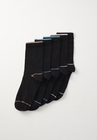 Schwarzes Socken-Set mit fünf Paaren, featuring kontrastierenden farbigen Bündchen in Beige, Blau, Hellblau und Weiß. Glatte Stricktextur.