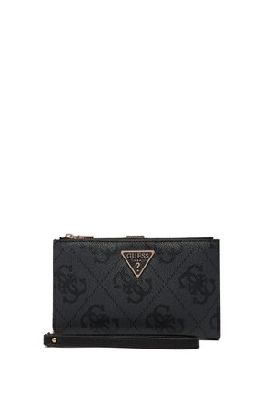 Portafoglio da polso Guess nero con motivo a logo in rilievo e placca triangolare in metallo con logo, caratterizzato da una chiusura superiore con zip e una tracolla staccabile.