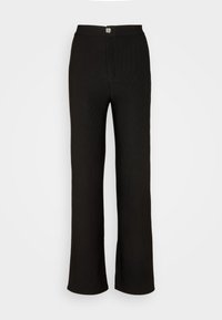 Black high-waist straight-leg pants with a button closure and subtle ribbed texture on a white background.