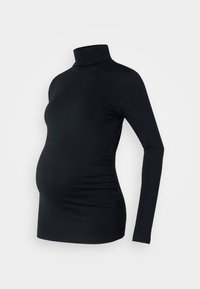 Svart långärmad polotröja gjord av mjukt, elastiskt tyg; figursydd design med rynkade sidodetaljer för att rymma en växande gravidmage.