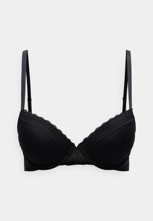 Soutien-gorge rembourré noir avec bordure en dentelle, présentant une texture de tissu lisse et des bretelles réglables. Conception avec armatures pour un maintien optimal.