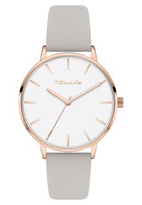 Rosé-goldfarbene Uhr mit einem glatten weißen Zifferblatt, schlanken Zeigern und grauem Lederarmband. Minimalistisches Design ohne Ziffern oder Muster.
