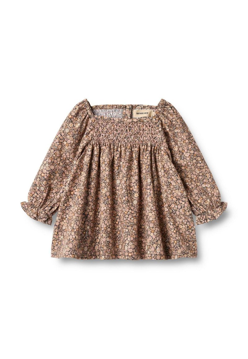 Braune Bluse mit floralem Muster, langen Ärmeln, rüschenartigem Oberteil und gerafftem Rock. Mit puffigen Ärmeln, elastischen Bündchen und quadratischem Ausschnitt.