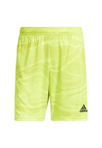 Shorts Adidas jaune néon avec un motif de lignes ondulées subtile, taille élastique et logo Adidas noir sur la partie inférieure droite de la jambe.