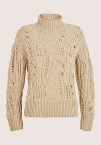Beige grob gestrickter Rollkragenpullover mit Kabel- und Spitzstrickmustern, langen Ärmeln sowie Rippenbündchen und Saum.