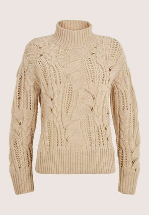 Beige grob gestrickter Rollkragenpullover mit Kabel- und Spitzstrickmustern, langen Ärmeln sowie Rippenbündchen und Saum.