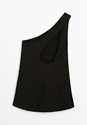 Sort ærmeløs top med en bred skulderrem og en asymmetrisk halsudskæring på hvid baggrund.