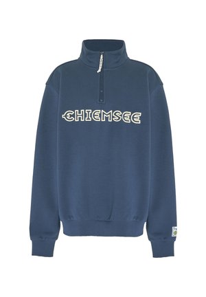 Navy blue quarter-zip sweatshirt with high collar and white "CHIEMSEE" text on chest, ribbed cuffs, and hem.
