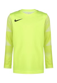 Langärmliges, neongelbes Sportshirt mit schwarzem Nike-Logo auf der Brust und weißen geometrischen Mustern an den Ärmeln. Glatte Textur.