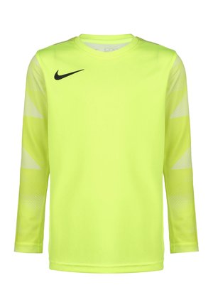 Langdurige mouw, neon gele sportshirt met zwart Nike-logo op de borst en witte geometrische patronen op de mouwen. Gladde textuur.