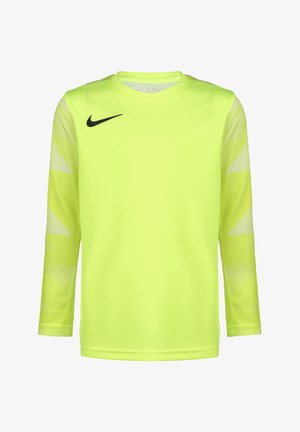 Maglietta atletica a maniche lunghe, gialla neon con logo Nike nero sul petto e motivi geometrici bianchi sulle maniche. Texture liscia.