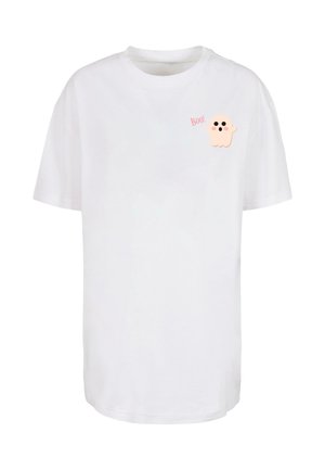 Vit bomull t-shirt med korta ärmar, rund hals, med en rosa spökk grafik och texten "Boo!" på vänster bröstområde.