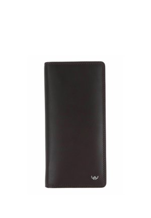 Portefeuille long en cuir marron foncé avec coutures visibles et petit emblème logo argenté en bas à droite.