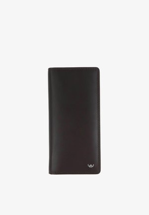 Portefeuille long en cuir marron foncé avec coutures visibles et petit emblème logo argenté en bas à droite.