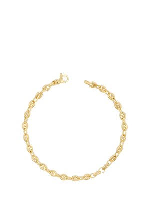 Goldenes Kettenarmband mit ineinandergreifenden ovalen Gliedern und einem Karabinerverschluss auf weißem Hintergrund.