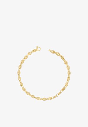 Goldenes Kettenarmband mit ineinandergreifenden ovalen Gliedern und einem Karabinerverschluss auf weißem Hintergrund.