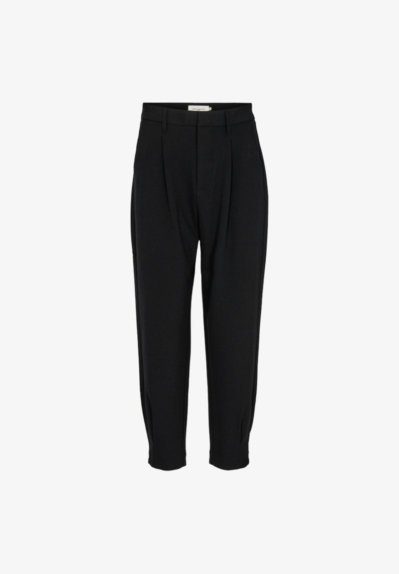 Pantaloni neri con vita alta, pince frontali e gambe affusolate. Realizzati in un tessuto liscio, presentano tasche laterali e una vita discreta.