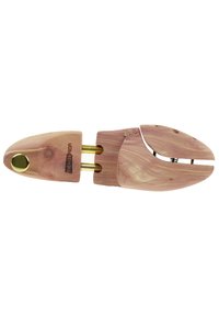 Holzschuhspanner aus Zeder mit einem geteilten Design, ausgestattet mit Messingbeschlägen und einer glatten, natürlichen Holzoberfläche.