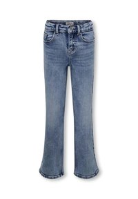 Ljusblåa jeans i denim med utsvängda ben, fem fickor, bälteshällor, knappstängning och synliga sömnadsdetaljer.