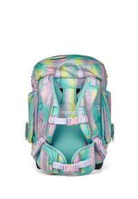 Zaino ergonomico multicolore con motivo a bolle, spallacci imbottiti, fibbie regolabili e pannello posteriore in rete per la ventilazione.