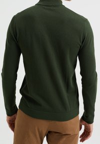 Green knit sweater with a high collar, long sleeves, and ribbed cuffs. Smooth texture and a fitted design. Worn over light brown pants.