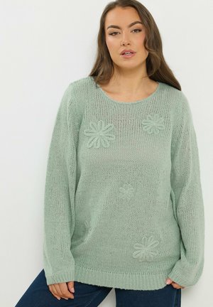 Ung kvinde iført en lysegrøn strikket sweater med broderede blomsterdekorationer, kombineret med mørkeblå bukser, foran en hvid baggrund.