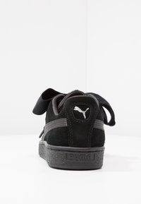 Baskets noires en daim Puma avec semelle épaisse et larges lacets noirs, vues de dos sur une surface et un fond blancs.