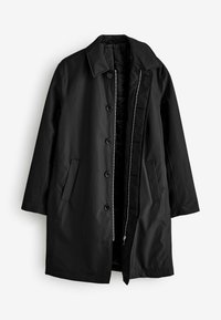 Manteau d'extérieur noir avec un col à revers, une fermeture à boutons, deux poches latérales et une fermeture éclair intérieure, fabriqué dans un tissu lisse et durable.
