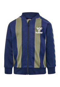 Blå lynlåsjakke med grønne og blå lodrette striber, ribbede manchetter og logo på brystet. Blødt stof med en glat tekstur.