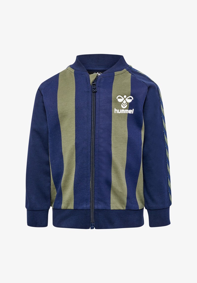 Blå lynlåsjakke med grønne og blå lodrette striber, ribbede manchetter og logo på brystet. Blødt stof med en glat tekstur.