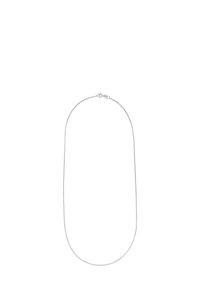 Silberne Metallkette mit glatter, flexibler Textur. Verfügt über einen runden Verschluss und ein minimalistisches Design. Die Länge eignet sich für das Tragen mehrerer Schichten.