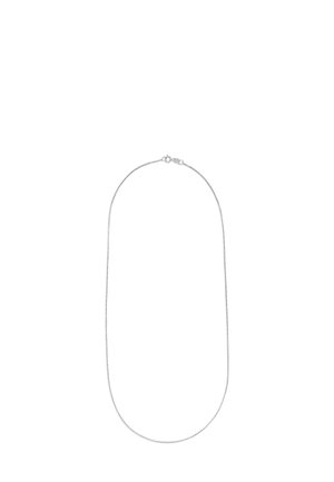 Silberne Metallkette mit glatter, flexibler Textur. Verfügt über einen runden Verschluss und ein minimalistisches Design. Die Länge eignet sich für das Tragen mehrerer Schichten.