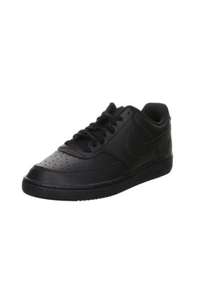 Baskets basses noires Nike avec embout perforé, lacets noirs et semelle coussinée, montrées en angle droit sur fond blanc.