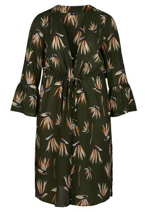 Robe vert foncé longueur genou avec manches longues évasées, ceinture à la taille, et motif floral abstrait orange, beige et bleu.