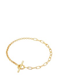 Pulsera de cadena de oro con eslabones alargados, cierre de tipo toggle, textura suave y diseño minimalista.